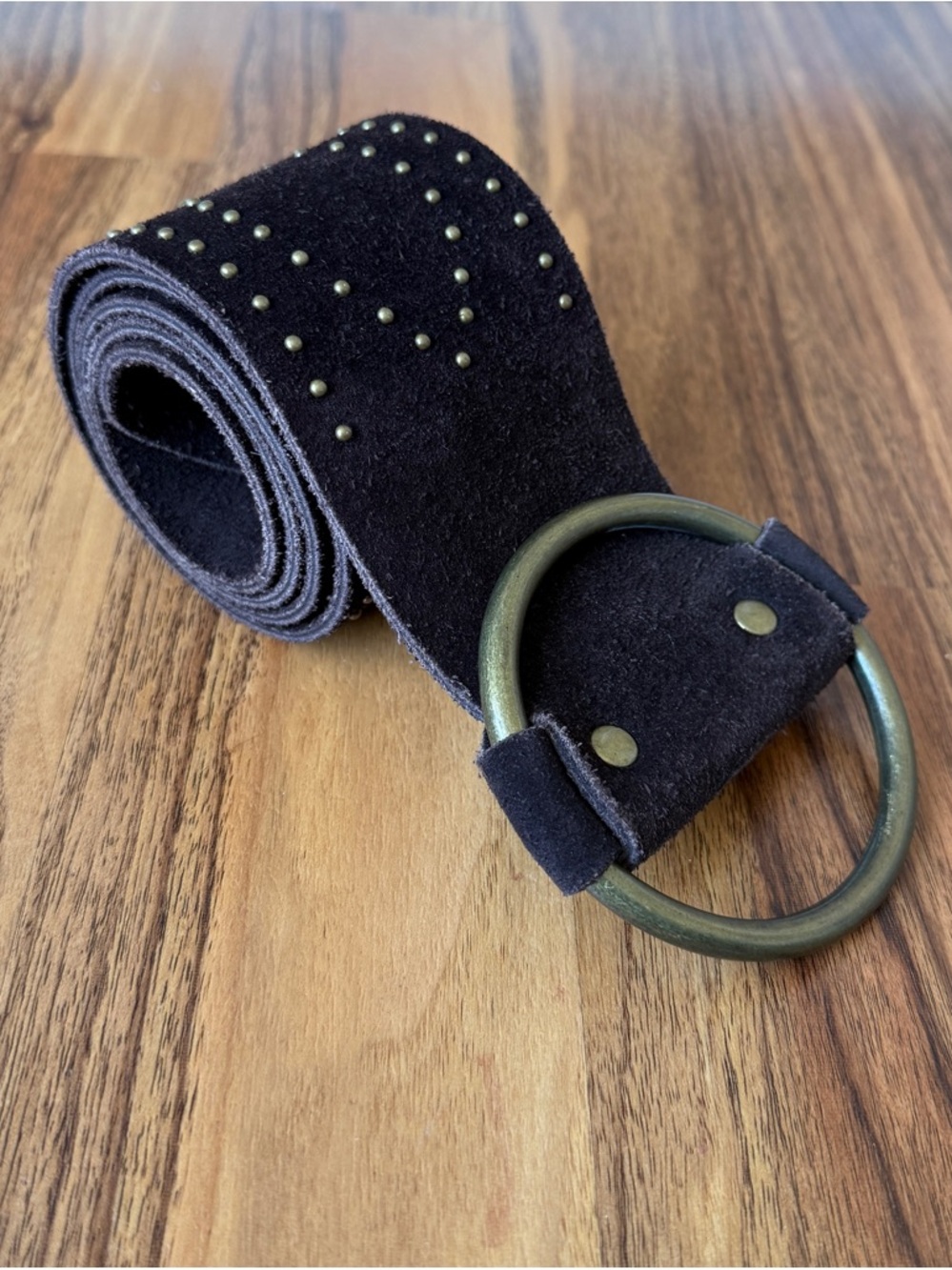 Lauren Ralph Lauren Dark Brown Brass Suede Leather Belt M Studded O Ring Chunky